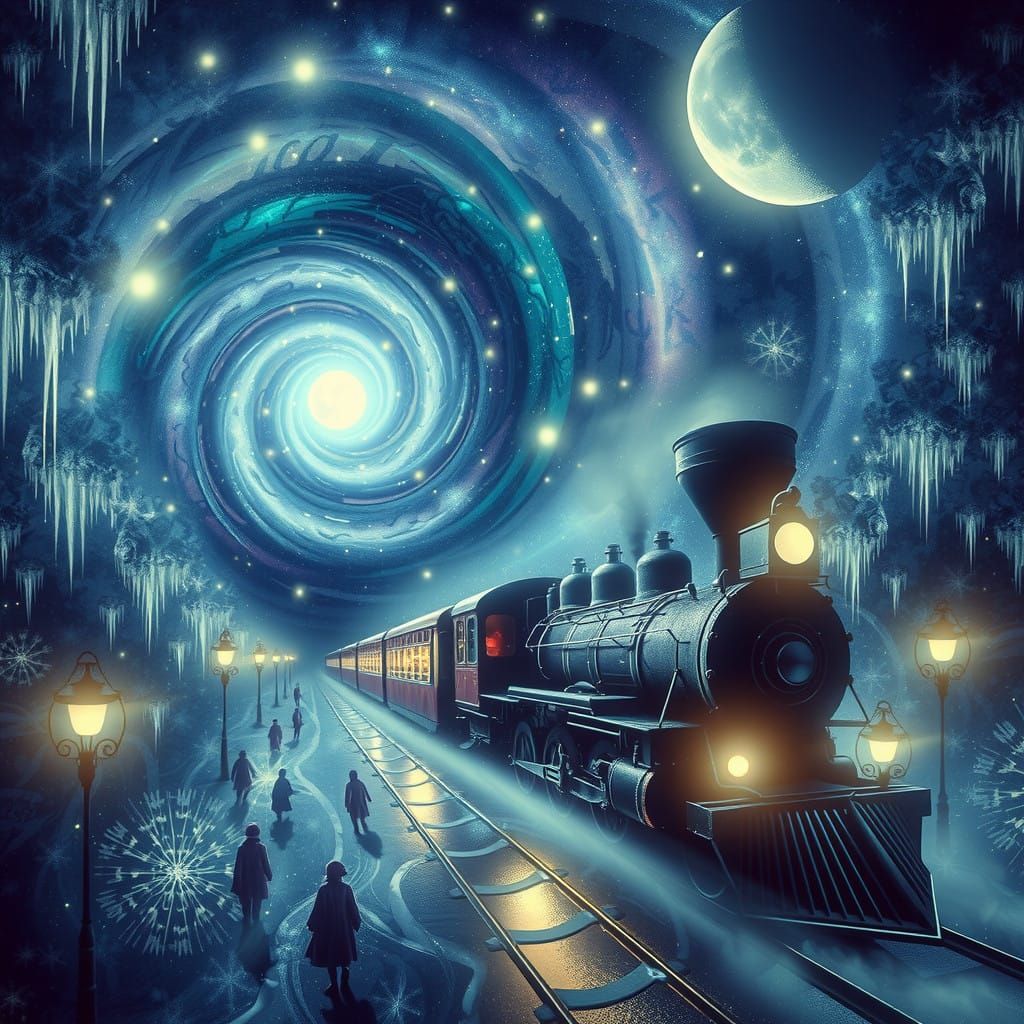"A surreal dreamscape depicting the Polar Express hurtling t...