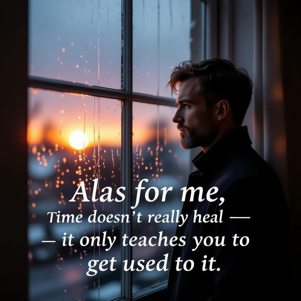 Man at Rainy Window with Sunset, Cinematic Style