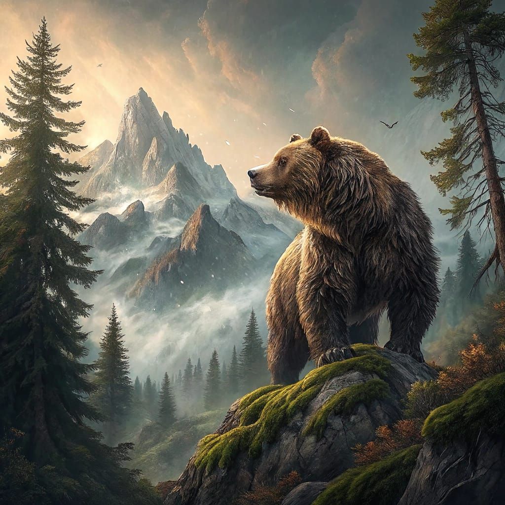 Majestic Brown Bear Amidst Foggy Primeval Forest