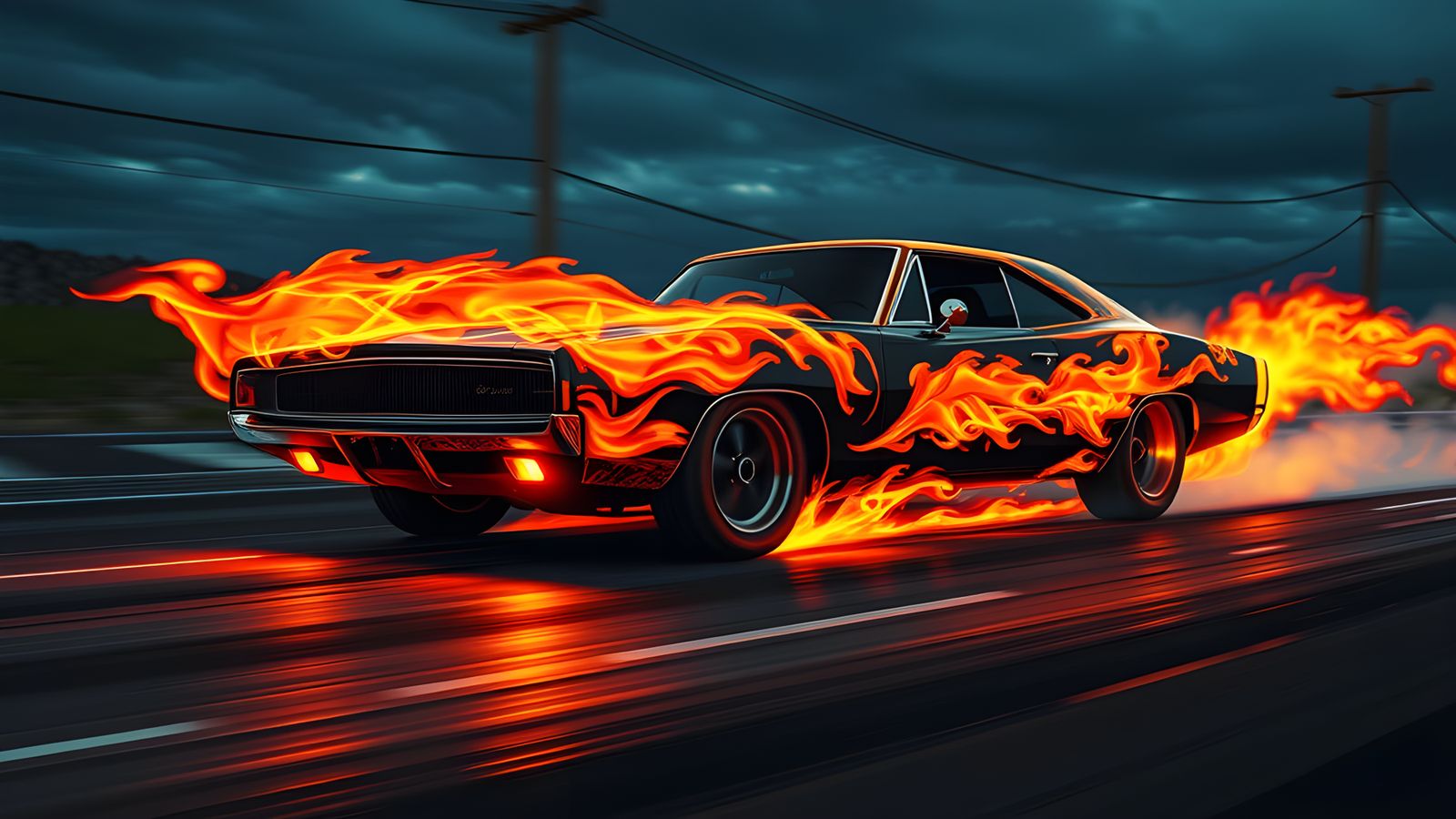 Fiery 1969 Dodge Charger at Night in Photorealism