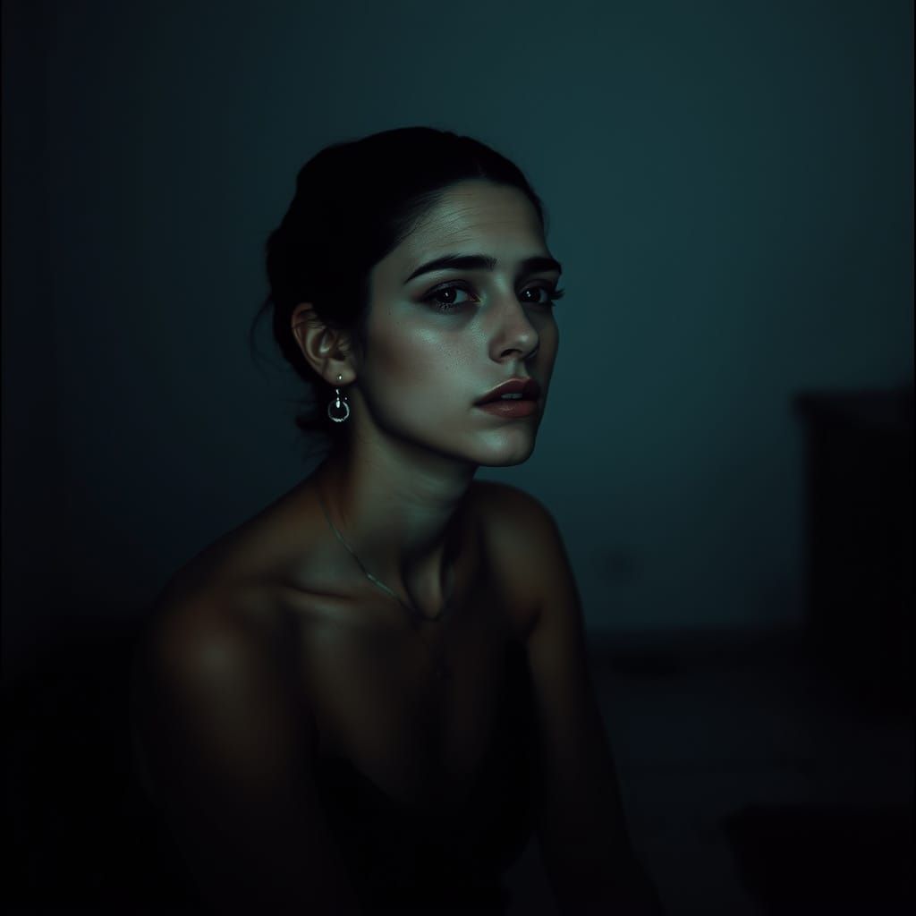 Introspective Woman in Dim Room, Rothko & Kahlo Inspired