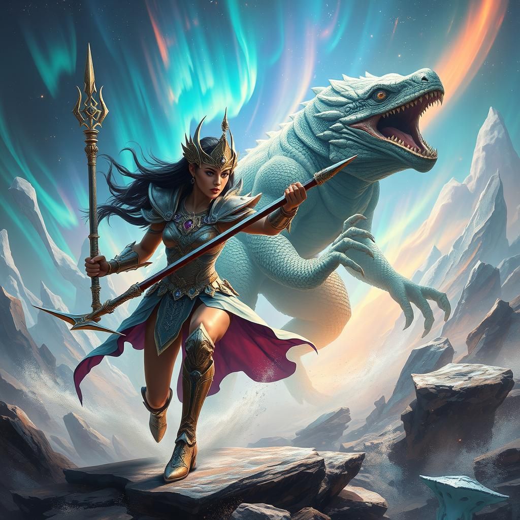 Avatar Woman Warrior vs Lizard Man in Fantasy Realm