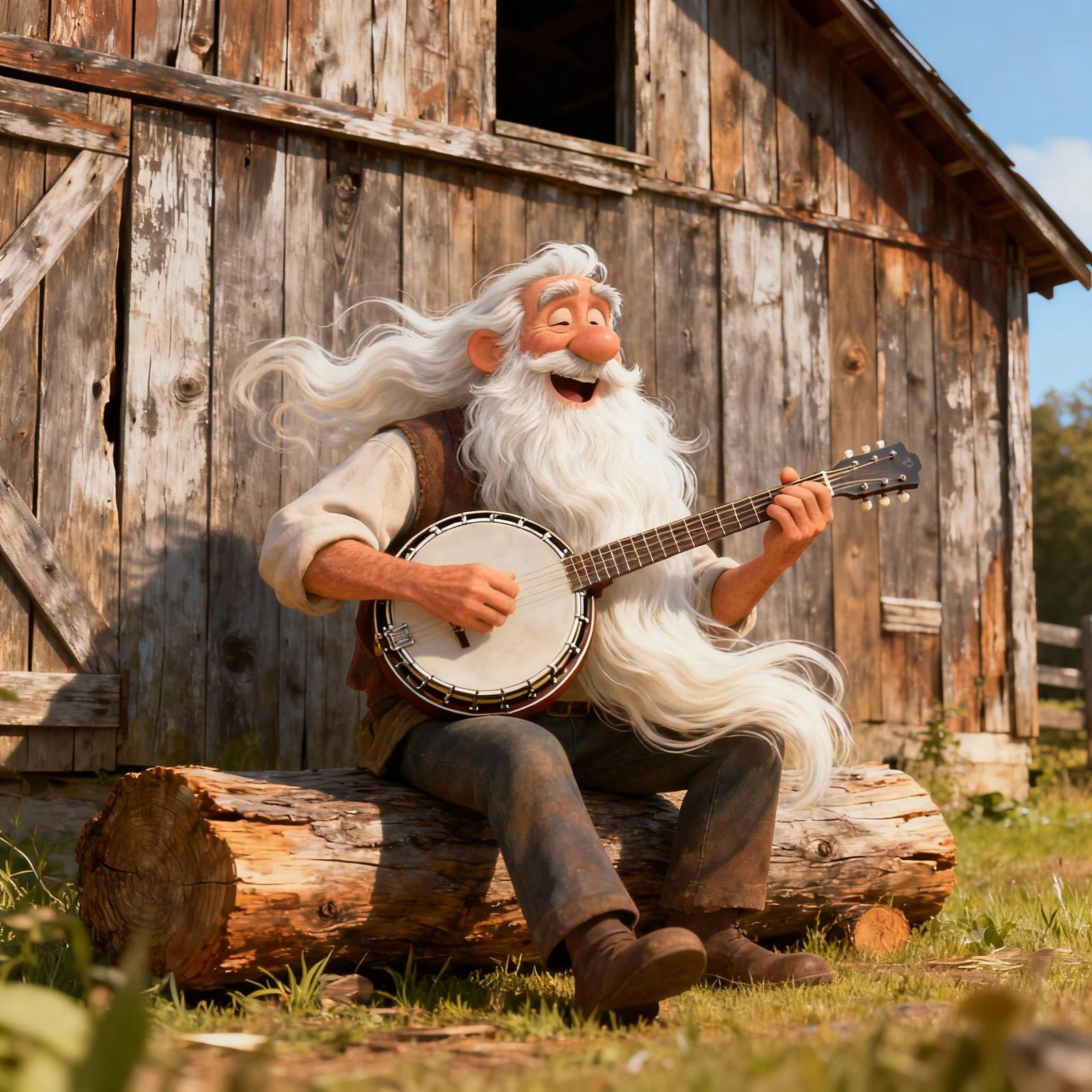 Old Man with Long Beard Plays Banjo by Barn