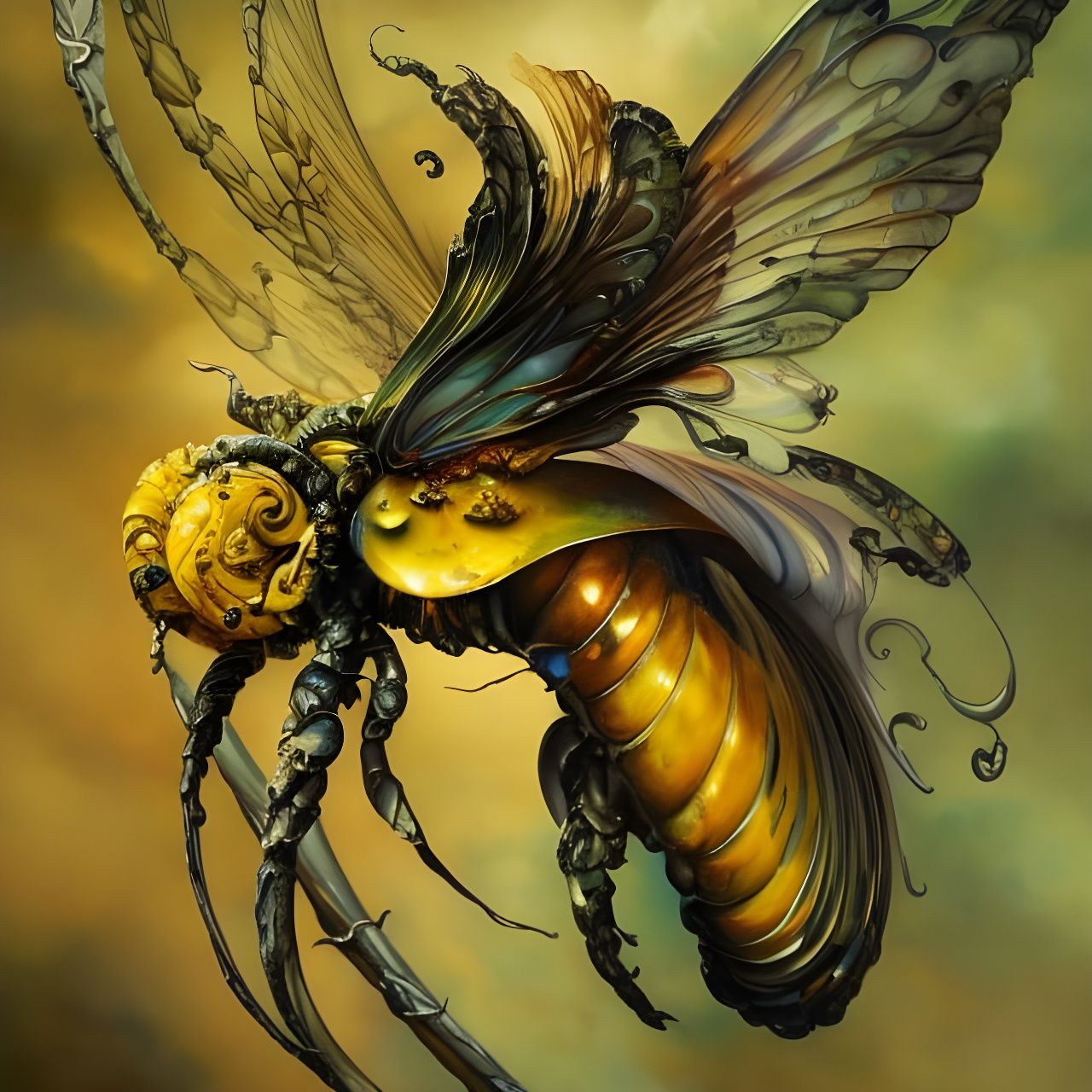 Steampunk Bumblebee Soaring Through Swirly Cloudscape