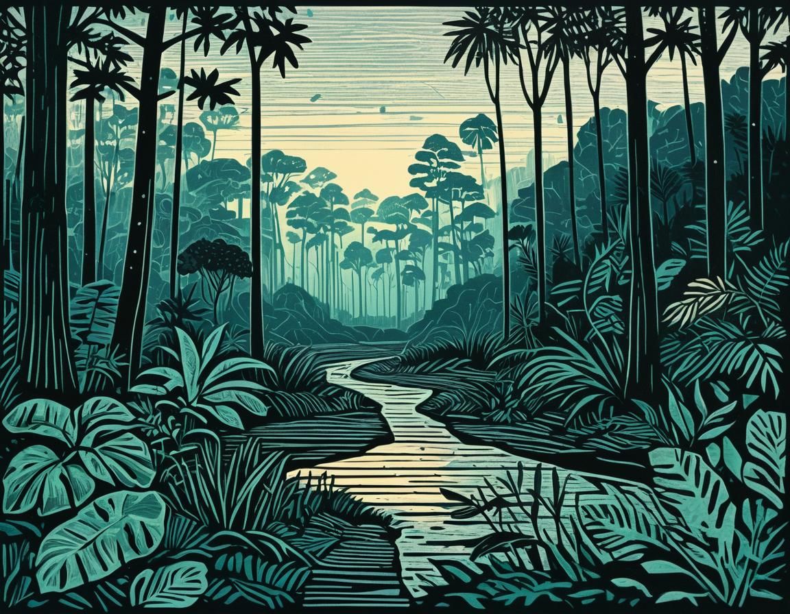 Amazon Forest Landscape in Linocut Style