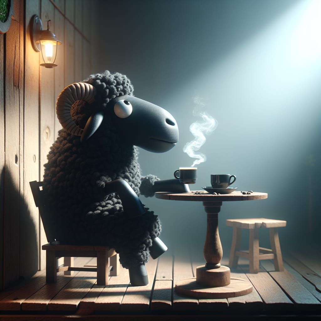 Black Sheep Sipping Coffee: Cartoonish Matte Painting