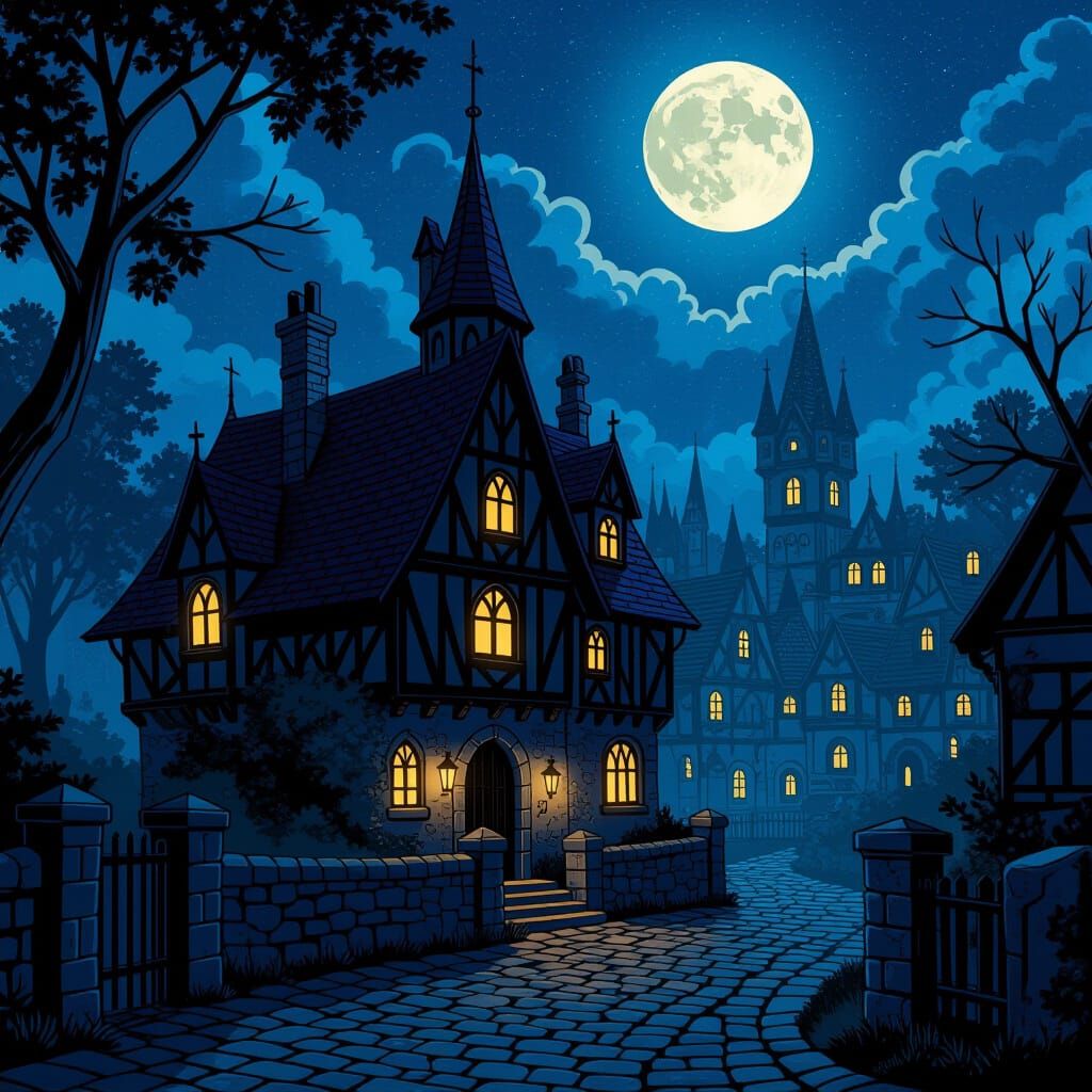 Gothic Village Glowing in Moonlight Comic Style