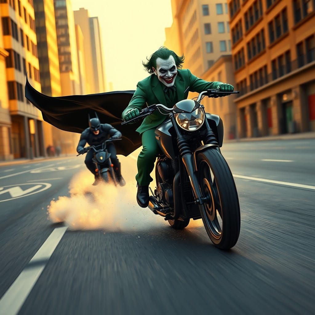 The Joker Speeds Away from Batman in Gritty Cyberpunk Style