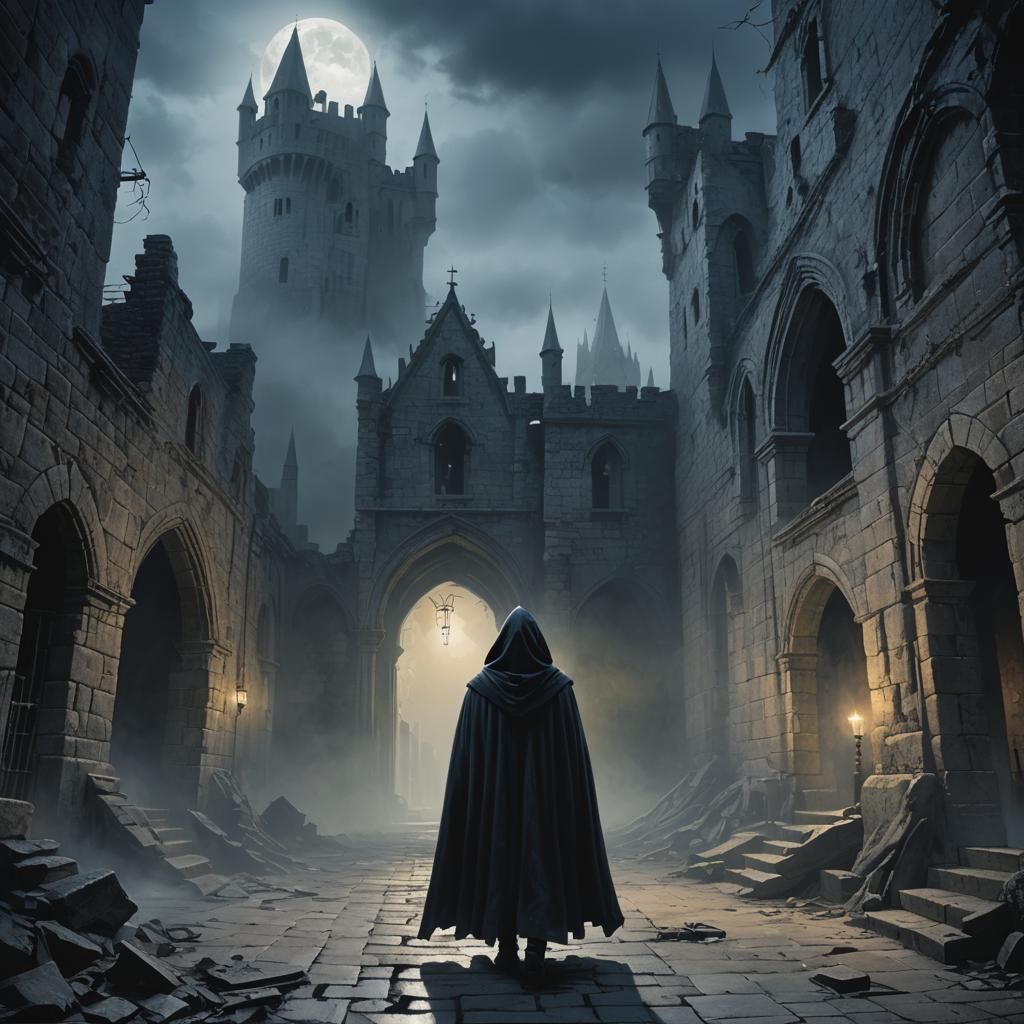 Mystical Figure in Misty Castle: Dark Fantasy Art
