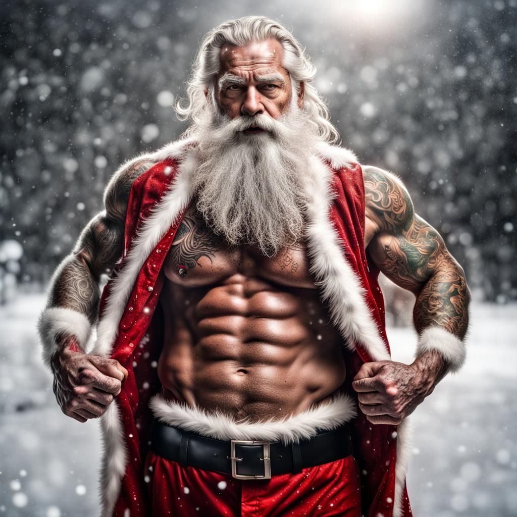 Hyperrealistic Santa Claus with Christmas Tattoos