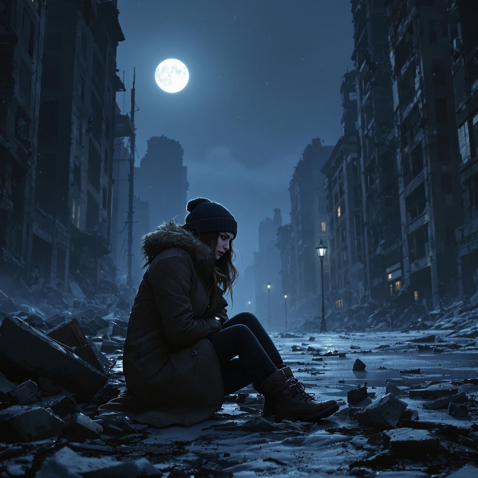 Ethereal Cityscape at Dusk, Sad Woman in Desolate Ruins