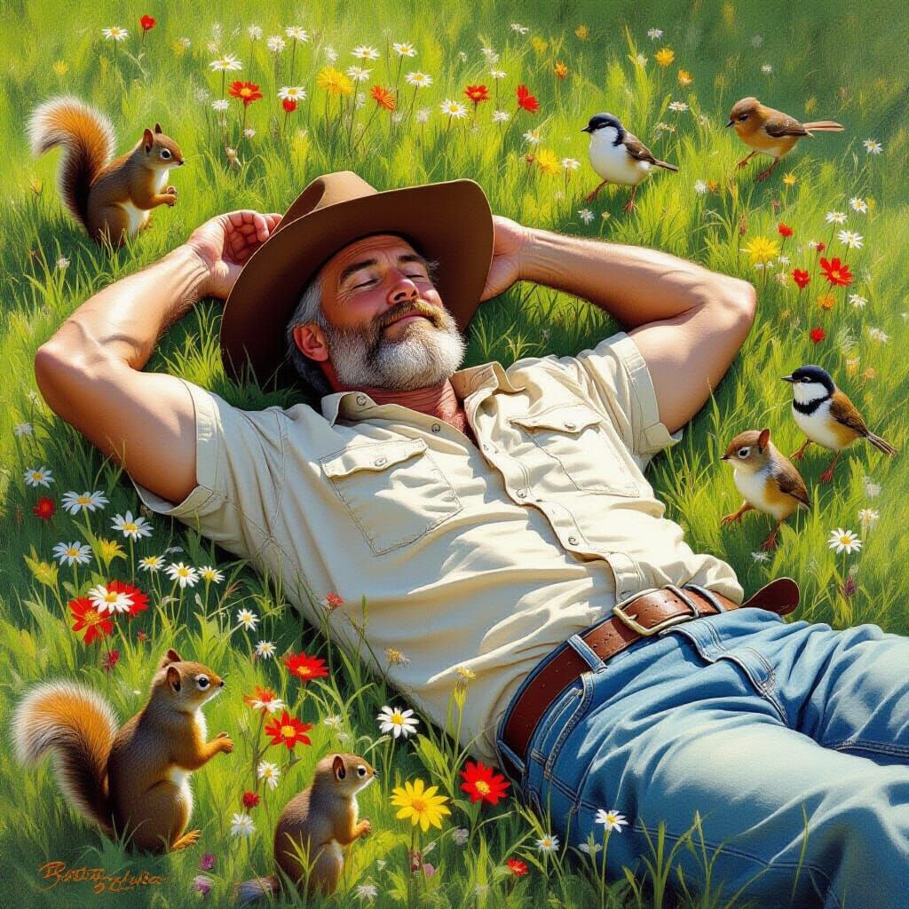 Man Resting on Lawn with Wildlife, Wildflowers