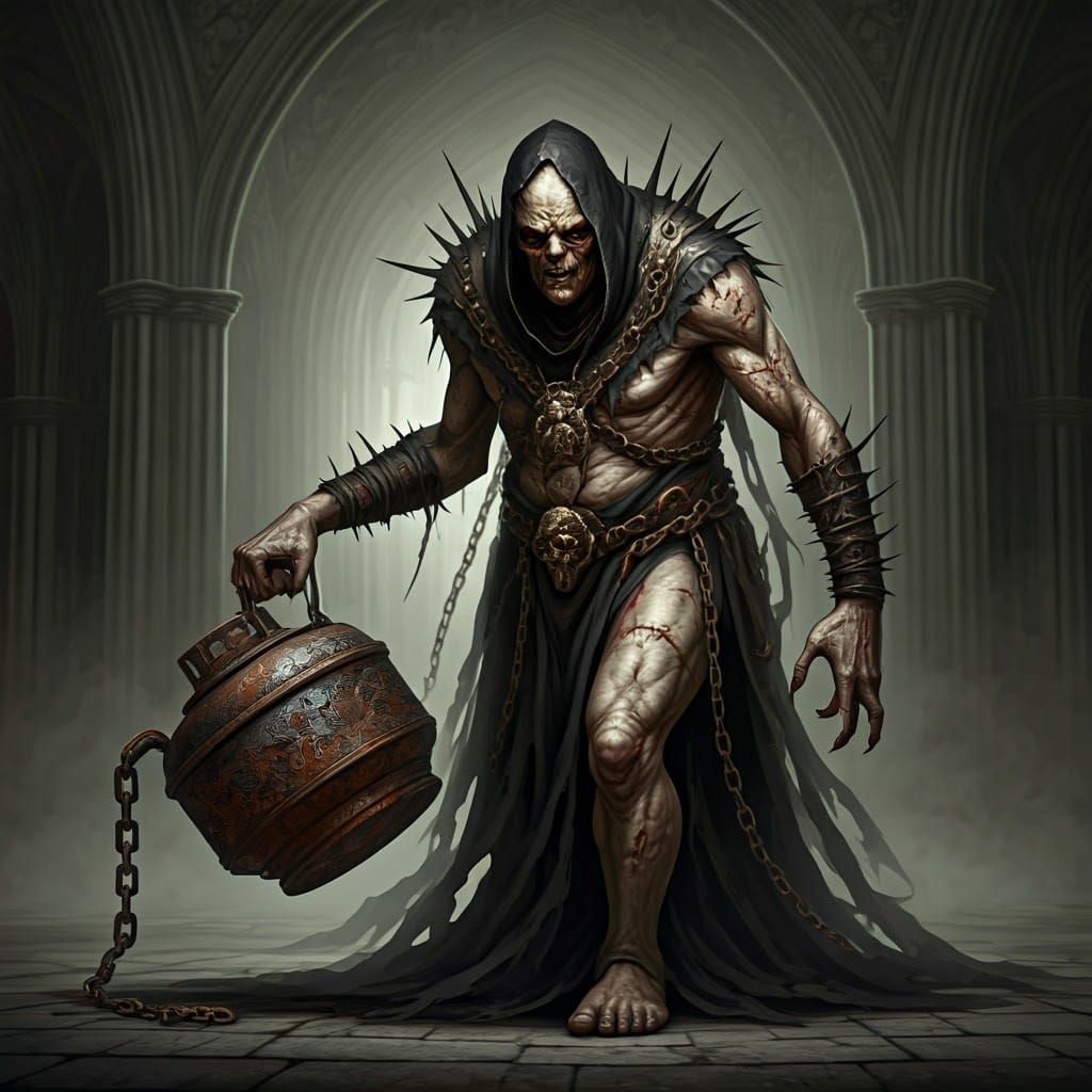 Grotesque Scarred Creature Dragging Flail in Dark Illustrati...