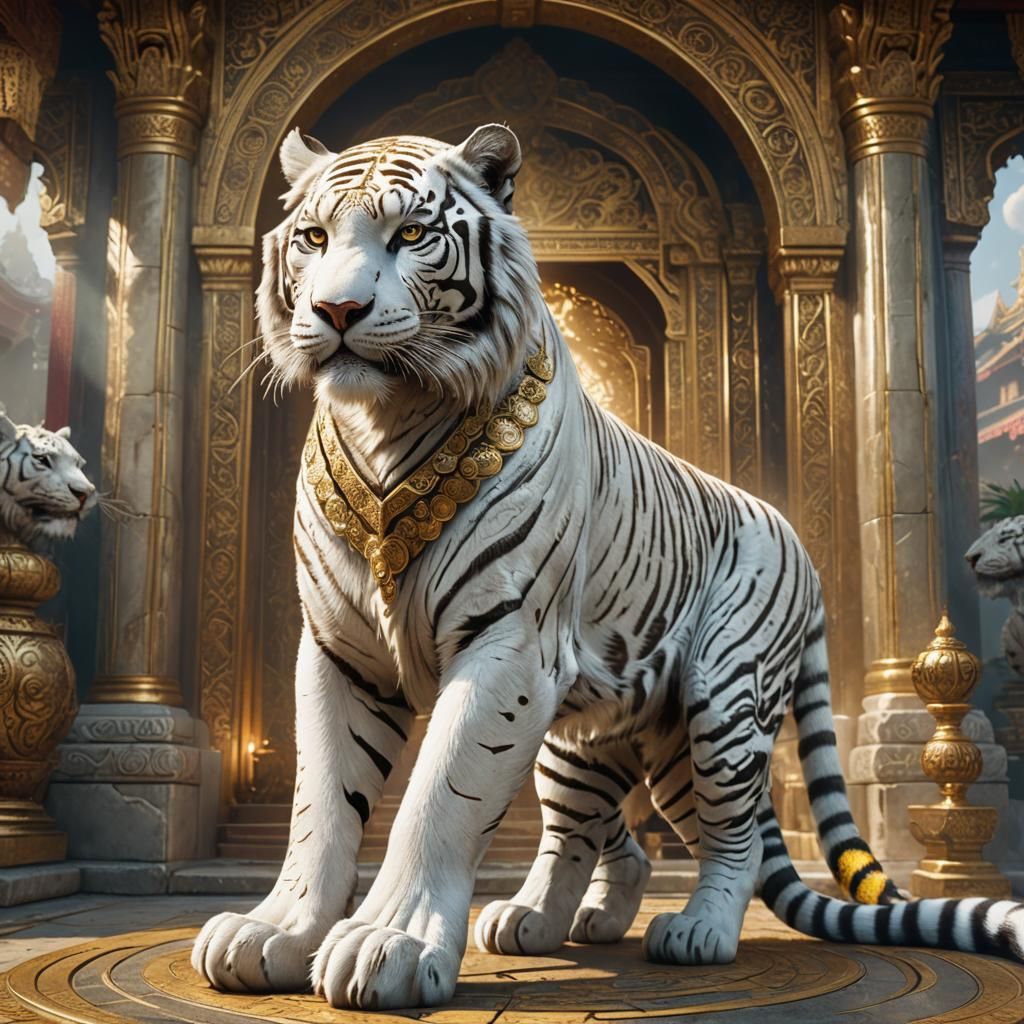 Majestic White Tiger in Ornate Temple