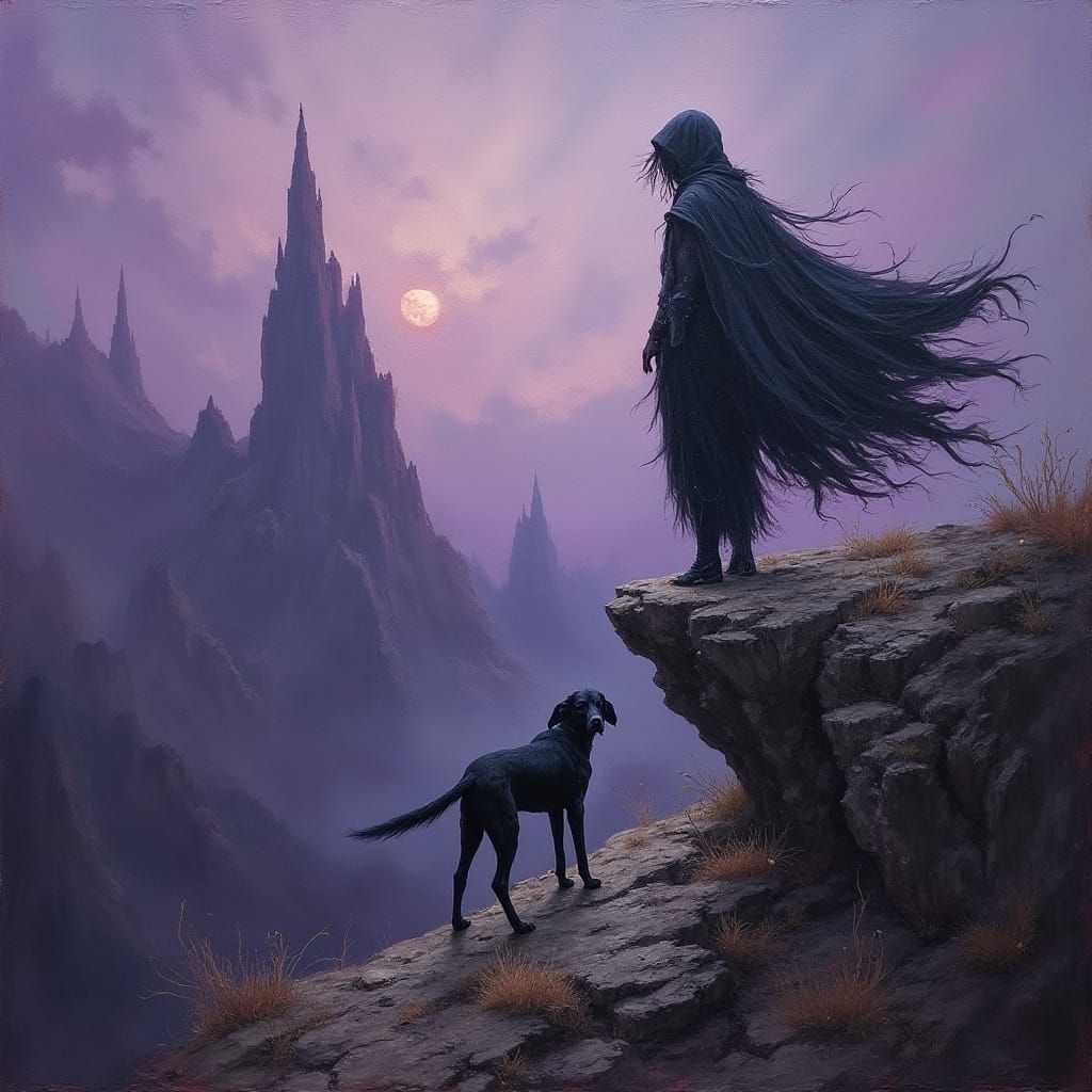 Witch on Windswept Cliff Overlooking Gothic Landscape in Imp...