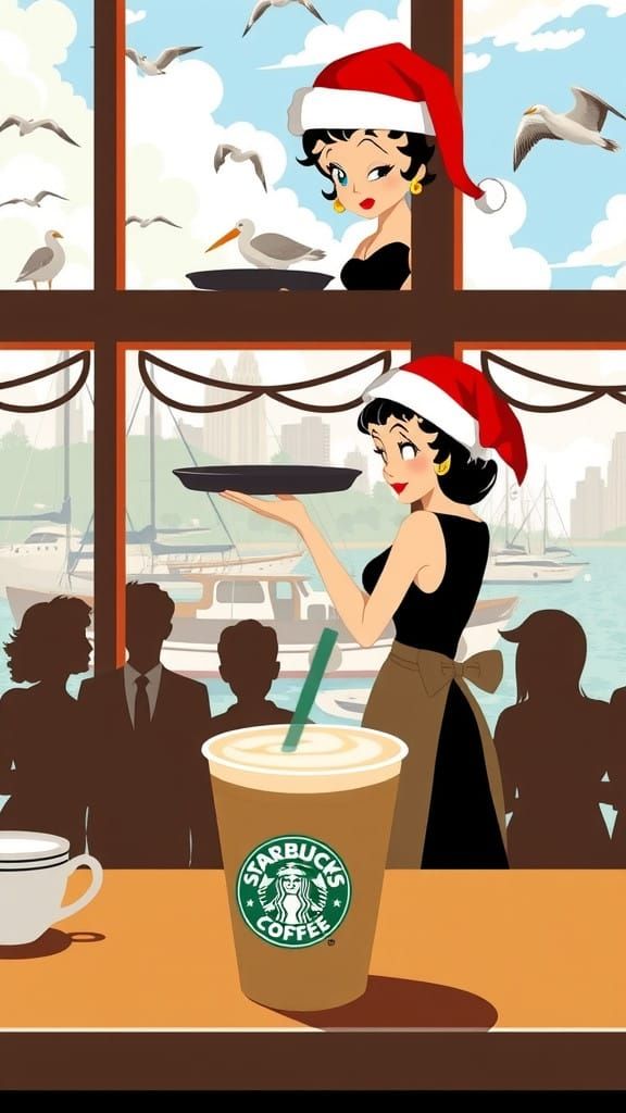 Cozy Cafe Scene in Norman Rockwell Style with Seagulls and S...