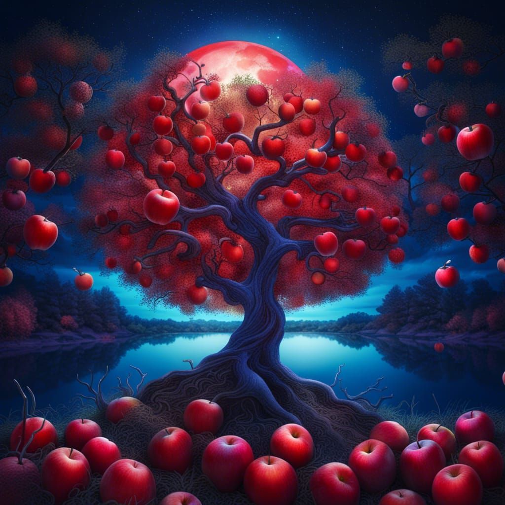 Apple Tree with Red Apples, Astral Illustration