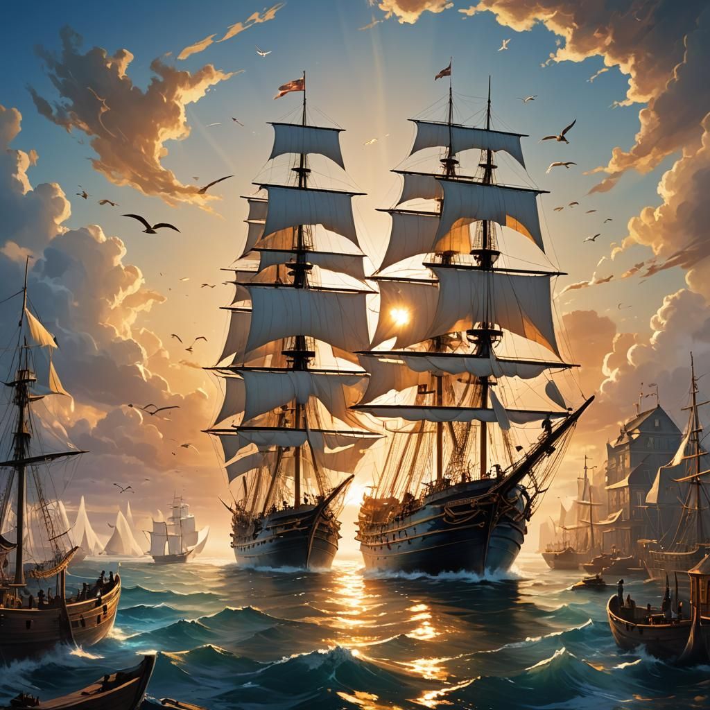 Majestic Tall Ship Sets Sail at Dawn