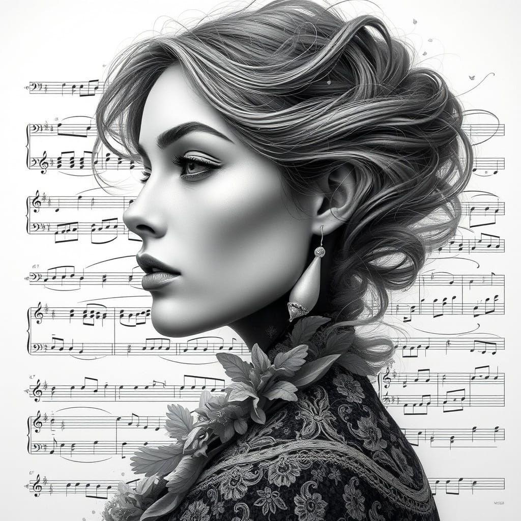 Woman Dissolves into Sheet Music in Hyper-Detailed Portrait