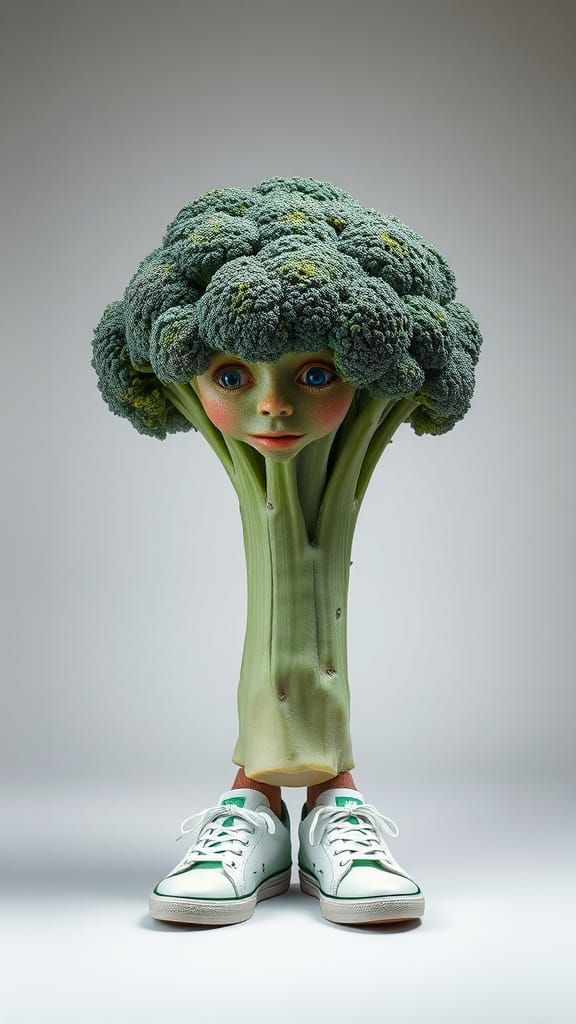 Hyper Realistic Broccoli Warrior in Tennis Shoes