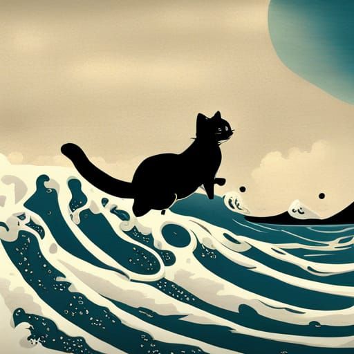 Cat Surf Skating on Great Wave in Cubist Style