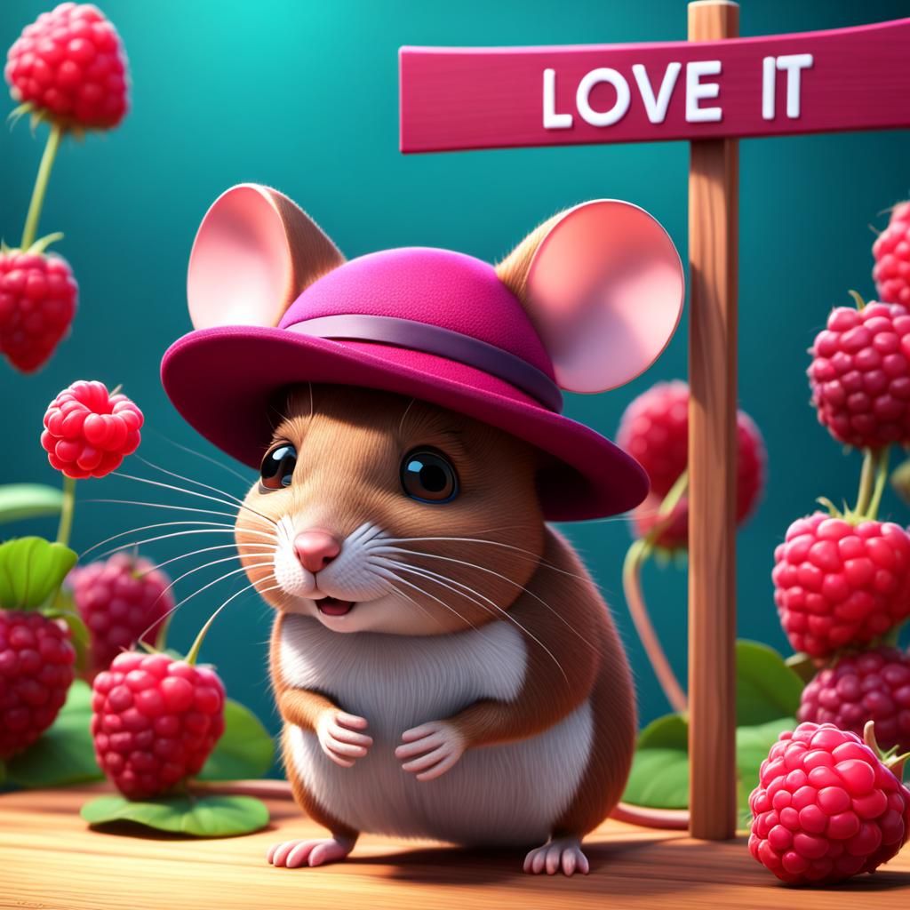 Cute Mouse with Raspberry Hat in Pixar Style