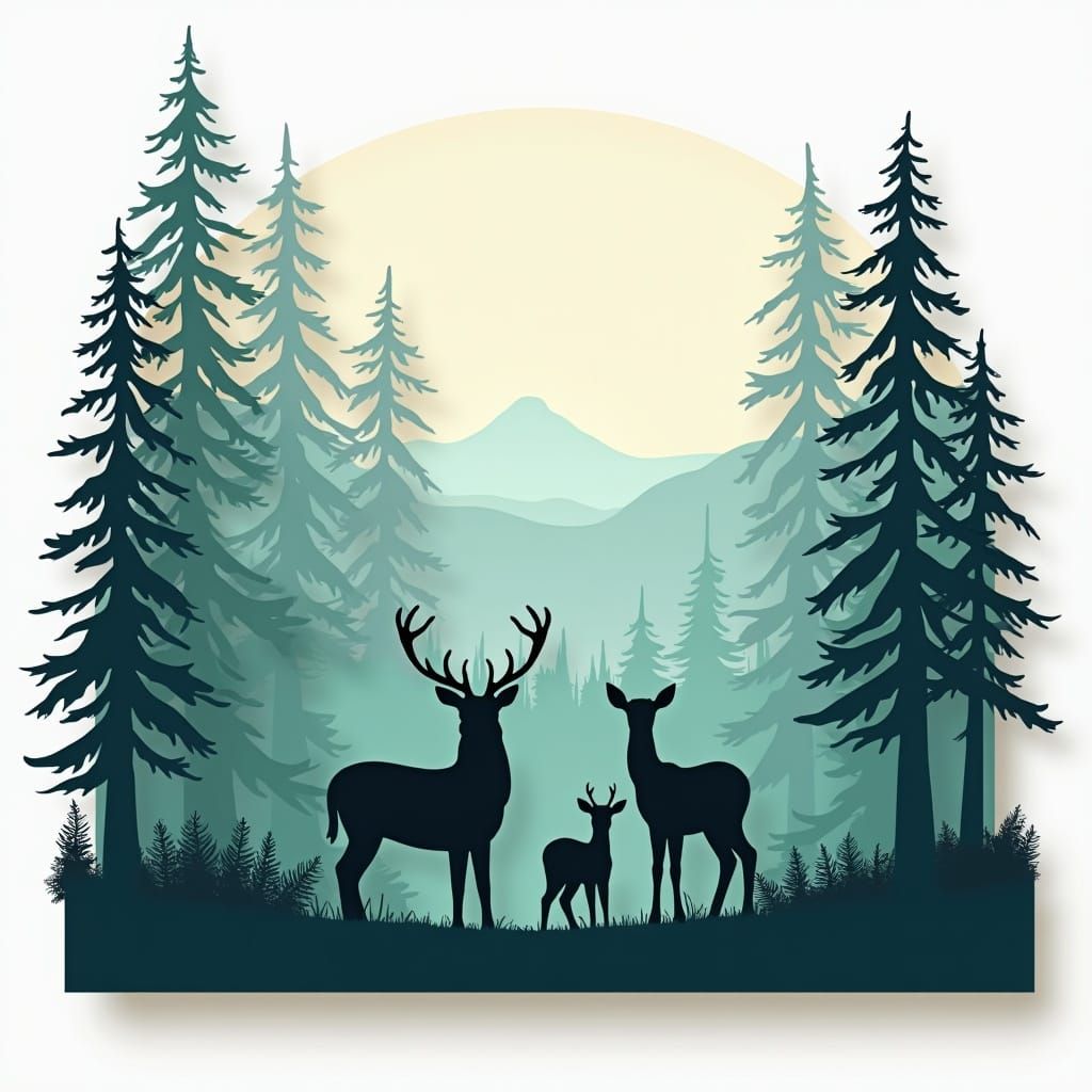 Deer Family Silhouette in Layered Forest Shadow Box