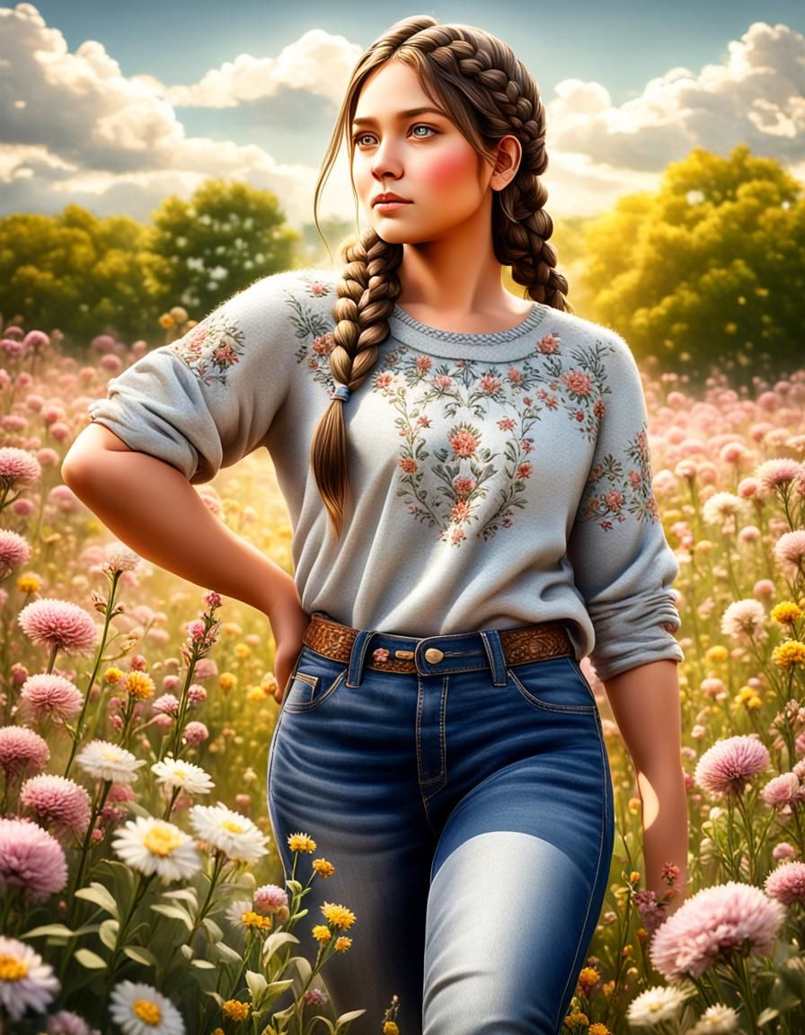 Chubby Woman in Flower Field: Hyperrealistic Image