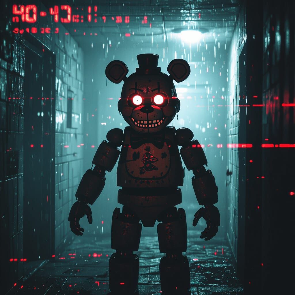 Creepy Animatronic Surveillance Still in VHS Style