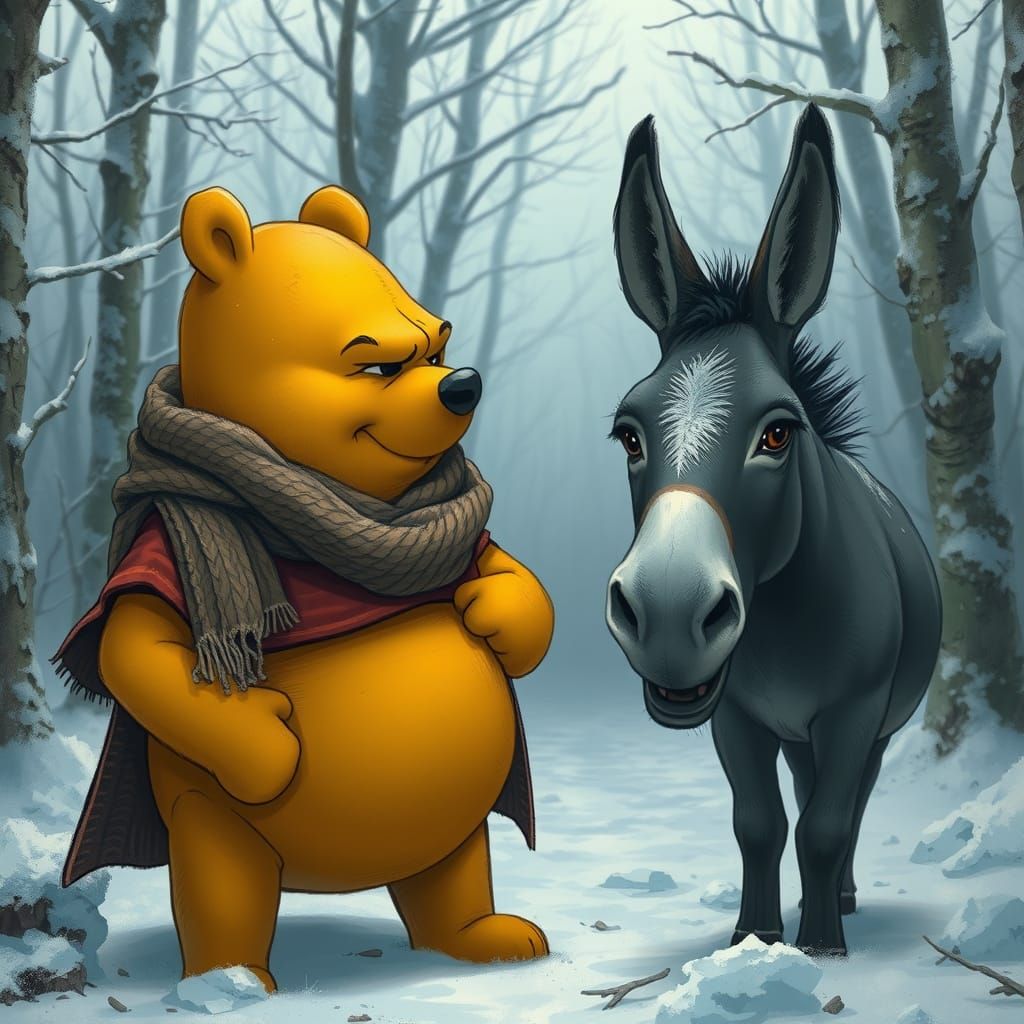 Winnie the Pooh Confronts Donkey in Winter Forest