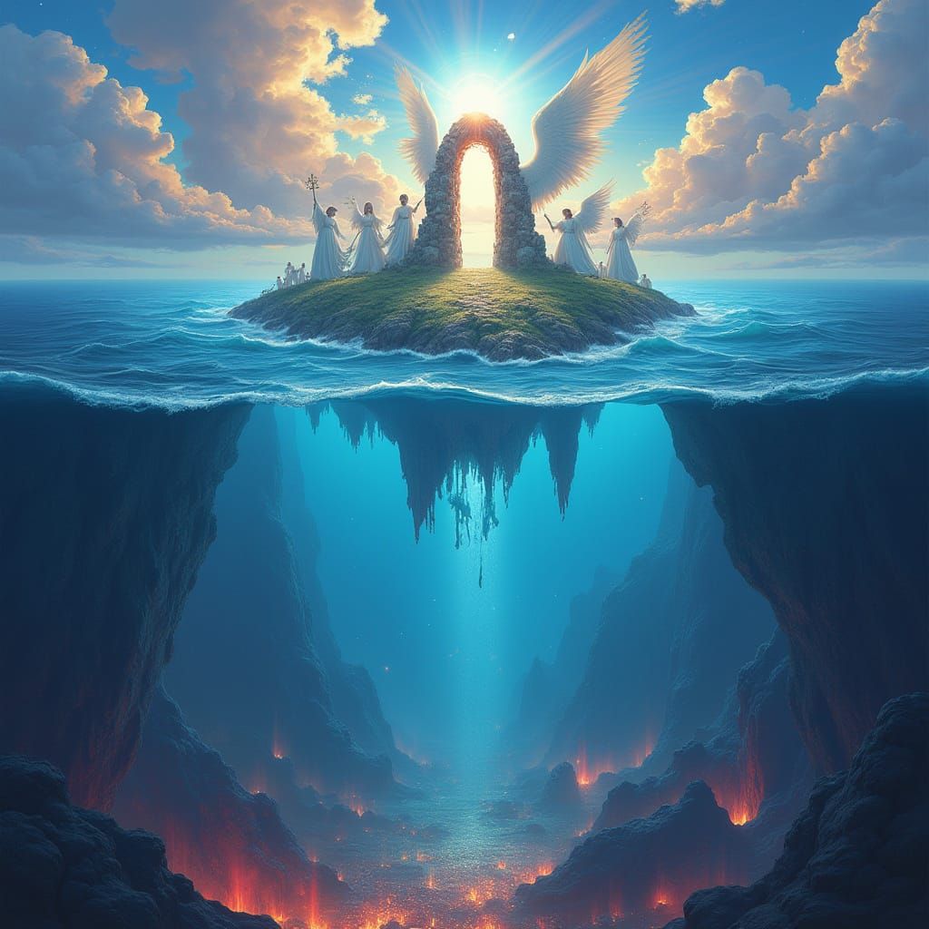 Epic Fantasy Celestial Gate Over Fiery Ocean with Angels
