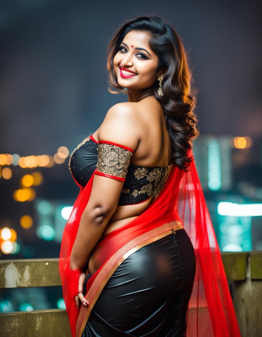 Curvy Woman in Saree in Neon City at Night