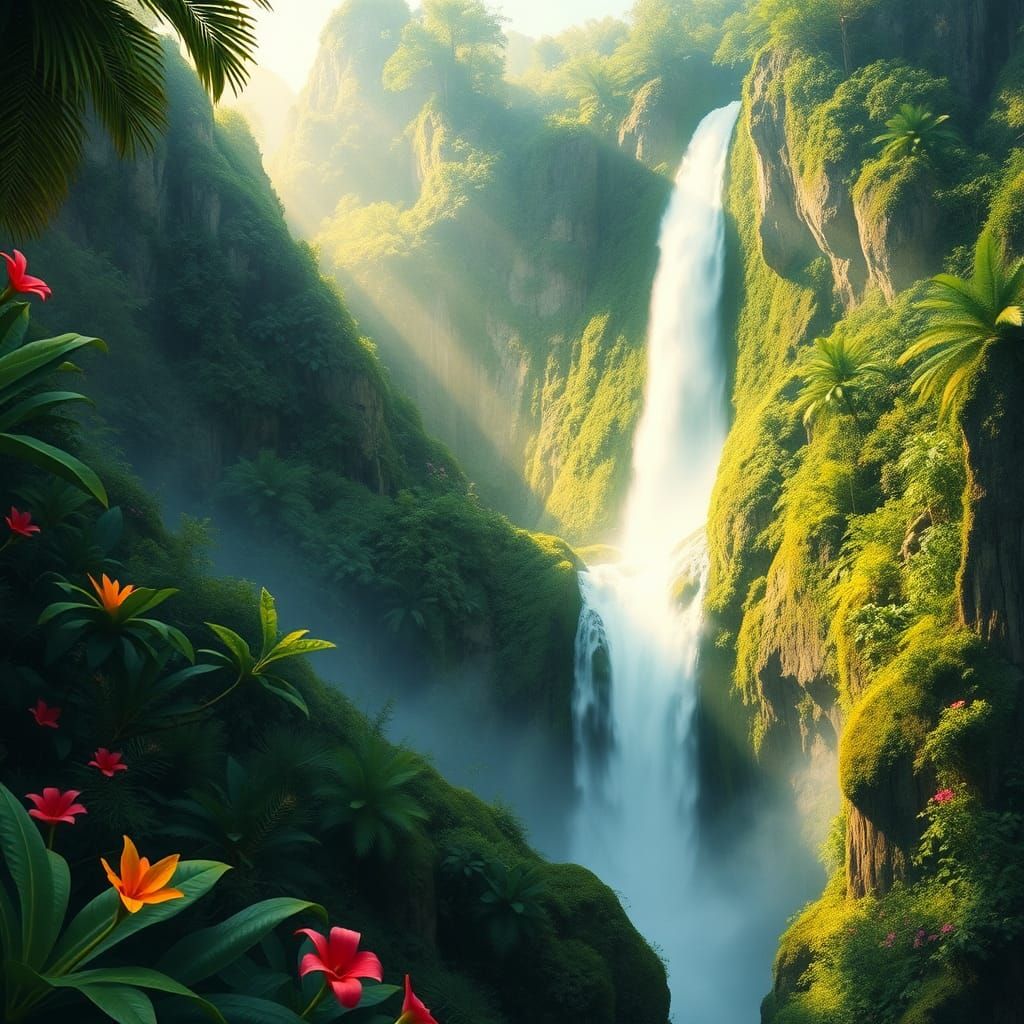 Lush Waterfall in Dreamy Rousseau-esque Style