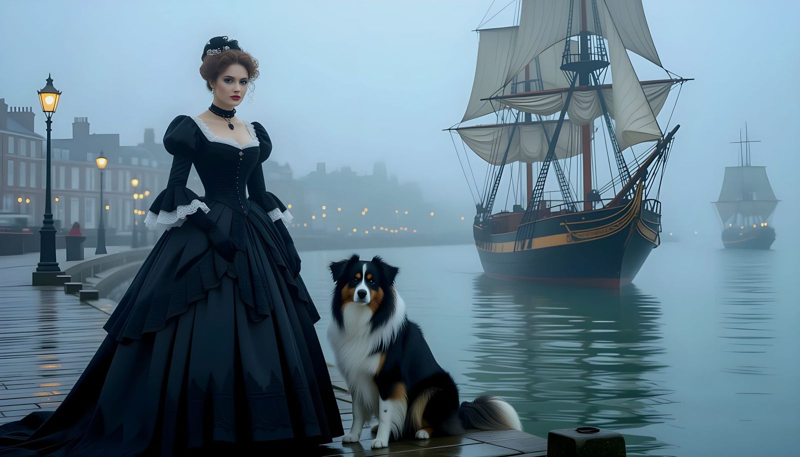 Woman and Dog on Misty Quay in Pre-Raphaelite Style