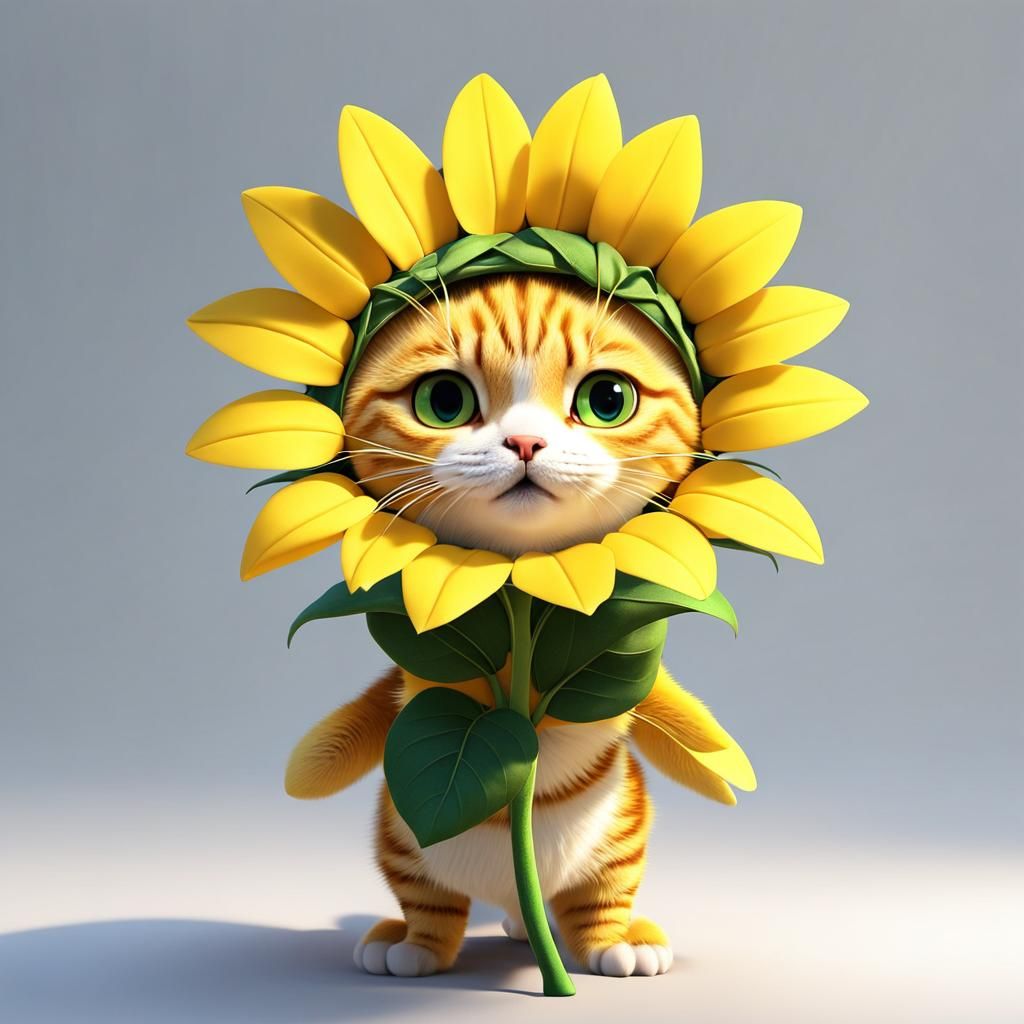 Sunflower Cat: 3D Anime Pixar-Style Render