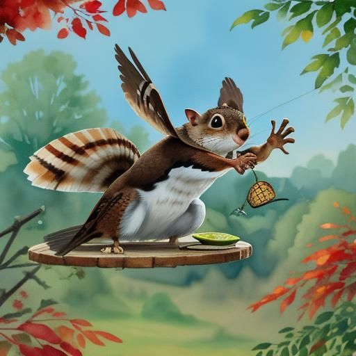 Squirrel Olympics at Bird Feeder in Gouache Style