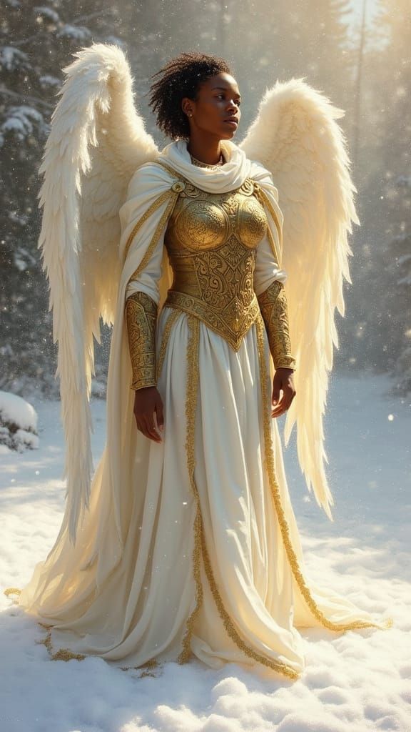A Regal Female Angel Warrior in Serene Snowy Landscape