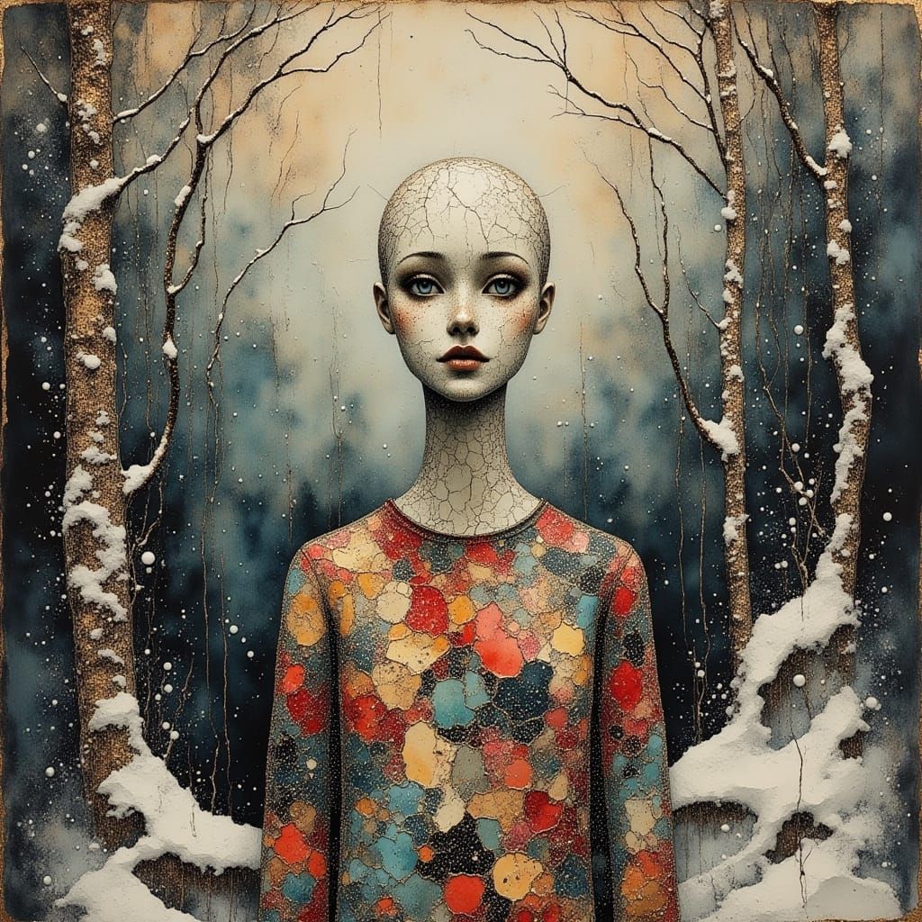 Surreal Mannequin in Dreamlike Winter Forest