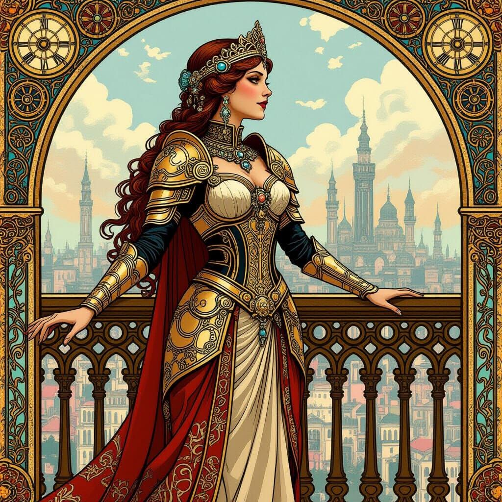 Regal Queen in Art Nouveau Armor Over Steampunk City