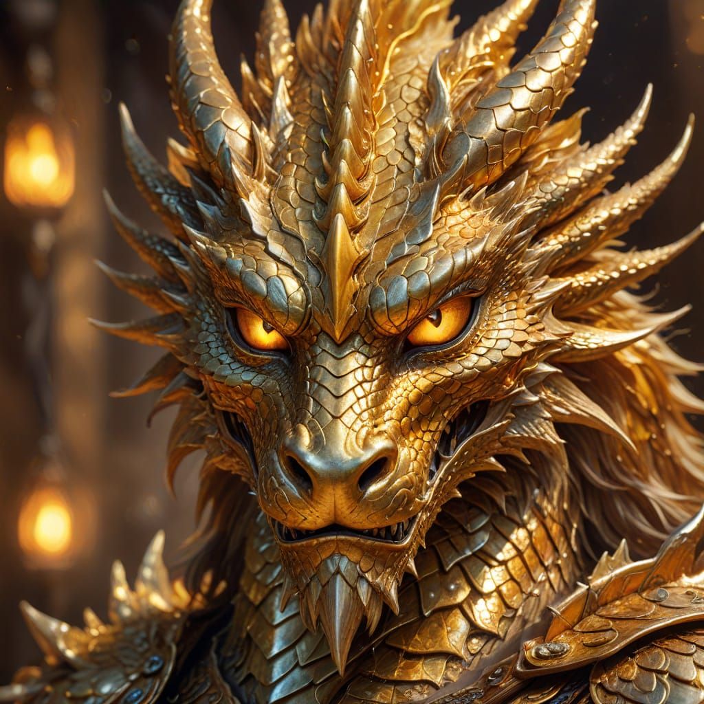 Golden Dragon with Mask in Mythic Fantasy Art