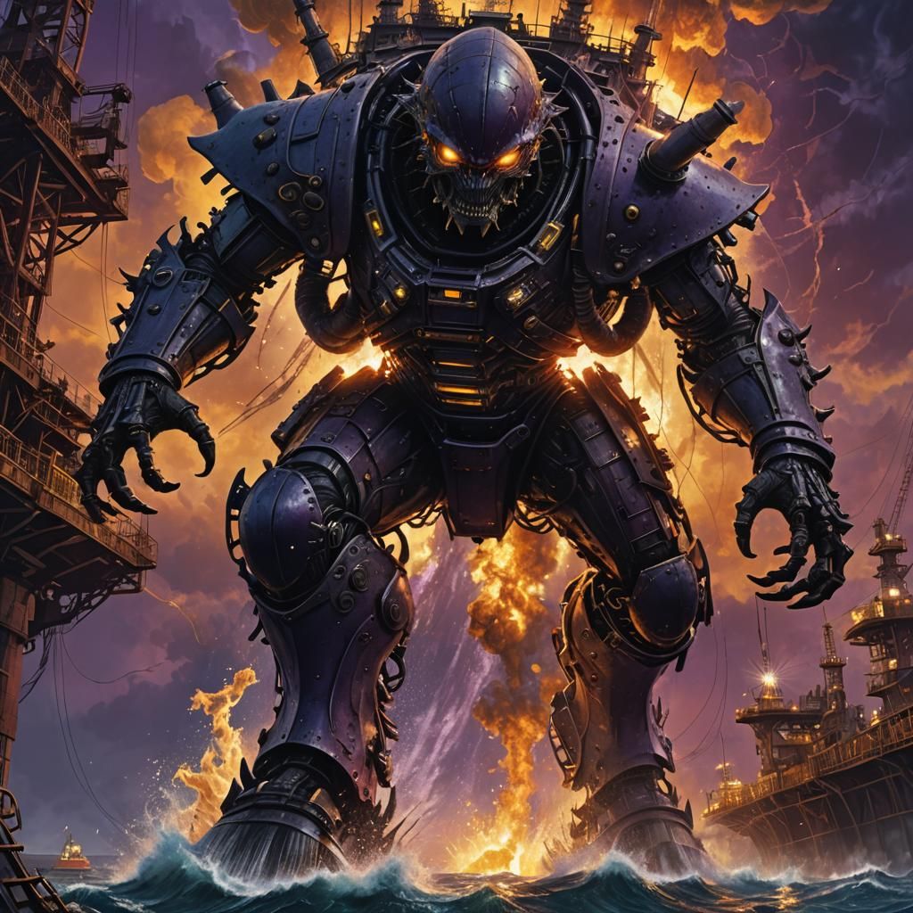 Alien Drudge Assaults Oil Rig in Dark Fantasy Art