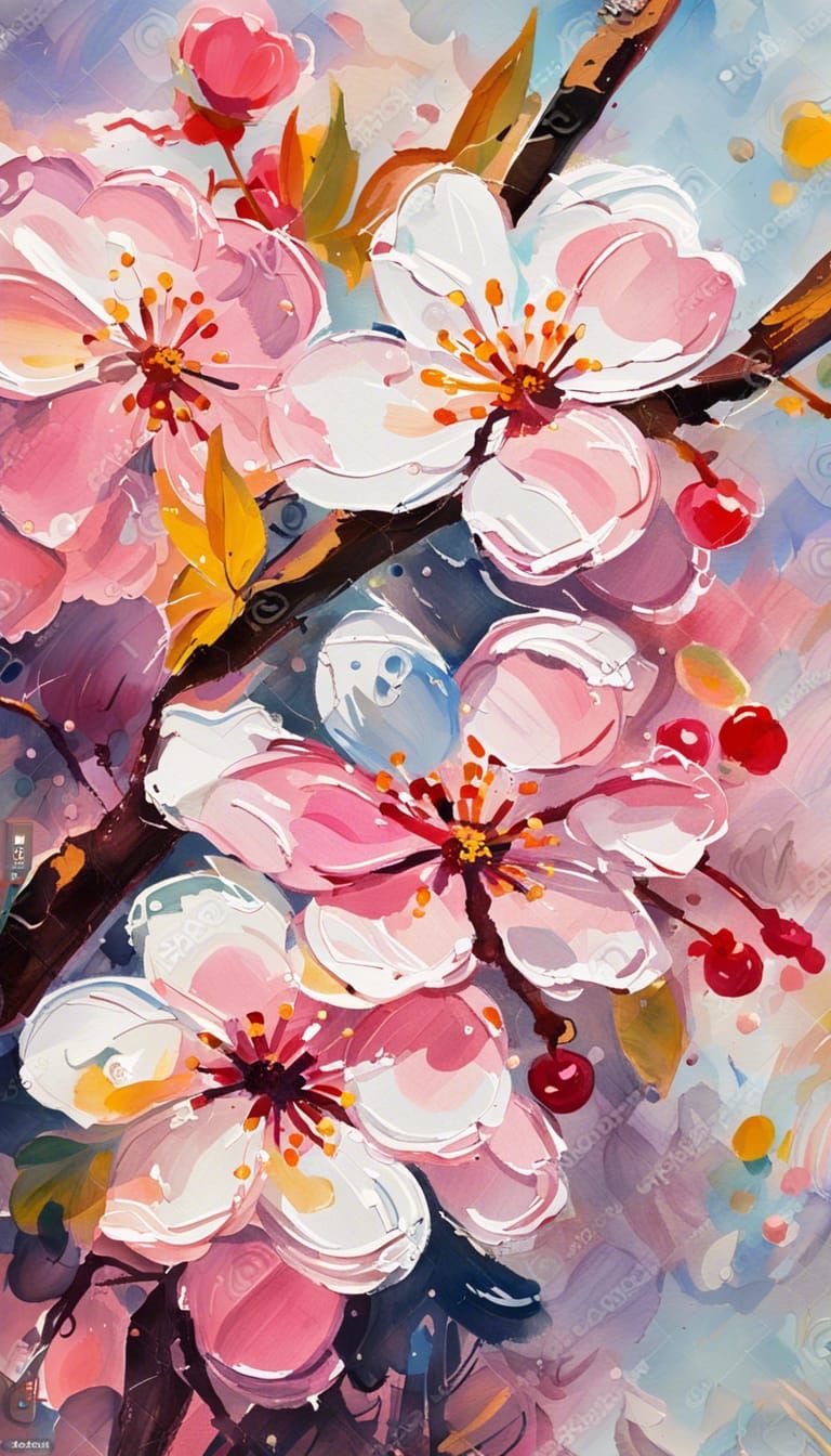 Impressionistic Cherry Blossoms in Gouache Style