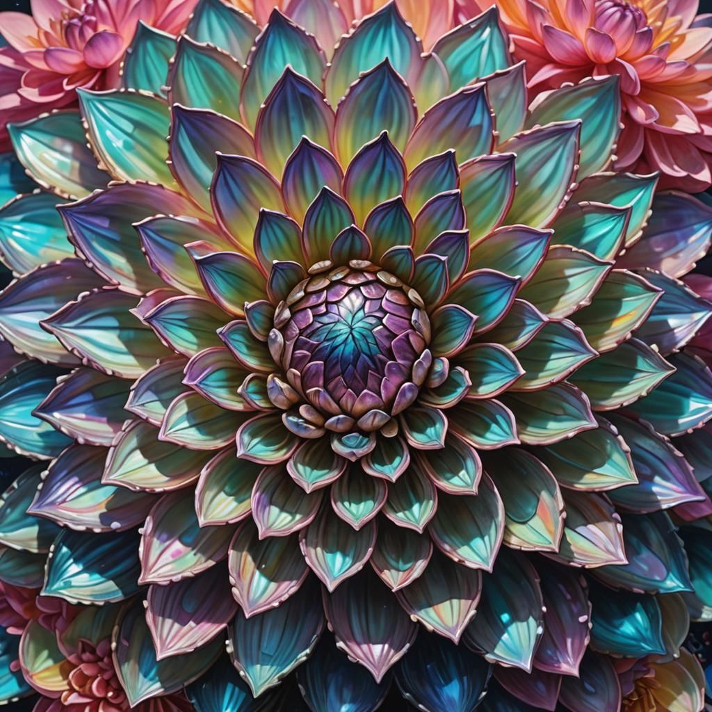 Abalone Dahlia Chest Bloom, Hyperrealistic Digital Art