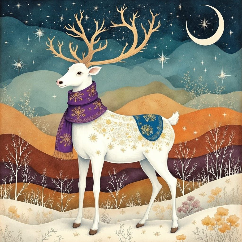 Whimsical Folk Art Reindeer in Snowy Forest