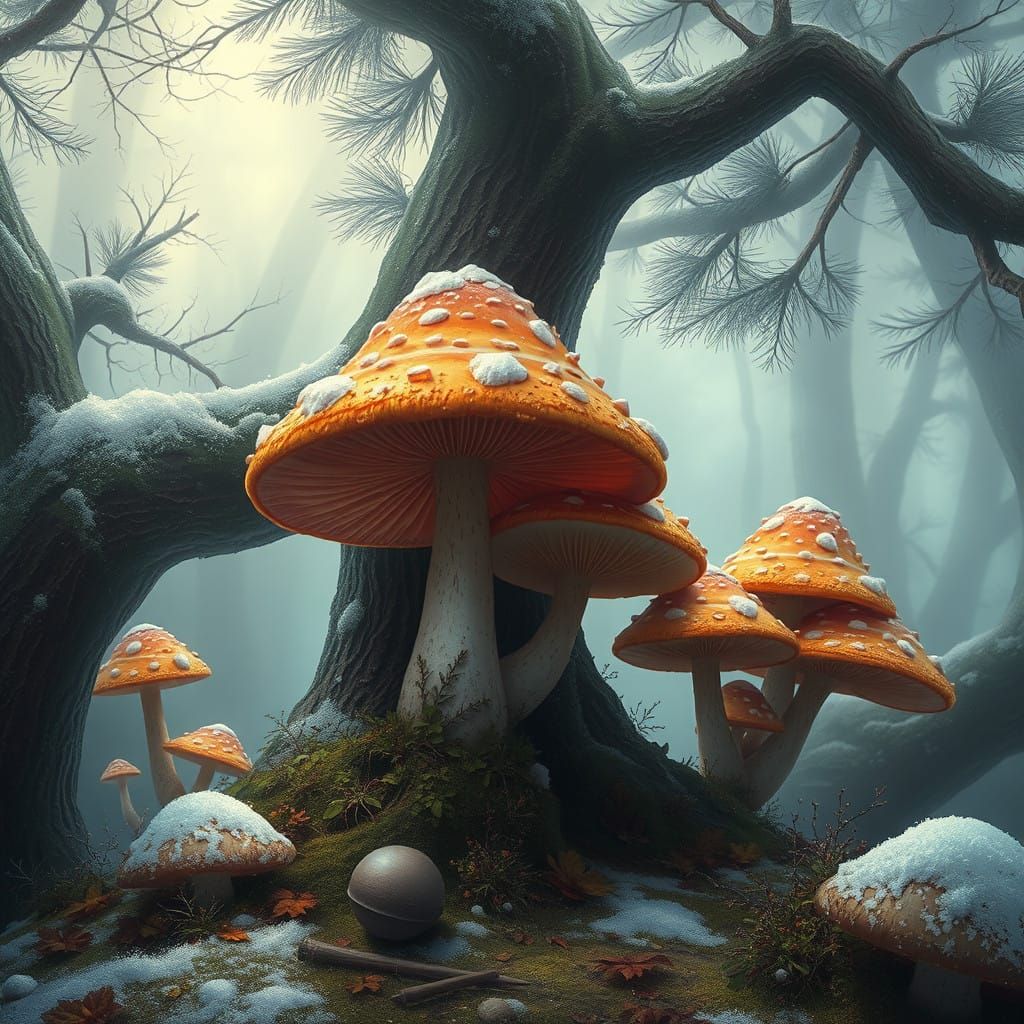 Ethereal Forest Mushroom Warrior in Winter Wonderland
