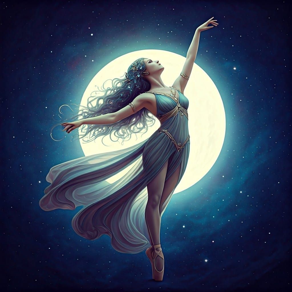 Moon Goddess in Celestial Ballet, Art Nouveau Style