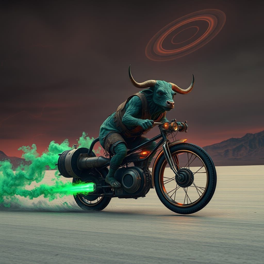 Cyberpunk Apocalypse: Green Zombie Cow on Jet Unicycle