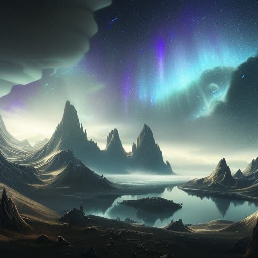 Starry Aurora Over Frozen Wasteland: Digital Art