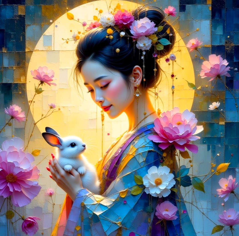 Ethereal Chinese Lady with Bunny in Impasto Style