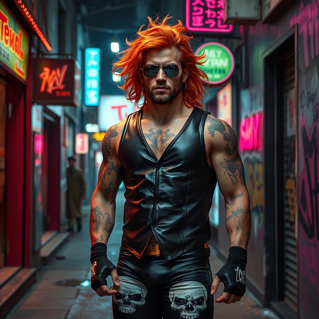 Cyberpunk Wrestler with Flame Tattoos in Smoky Alleyway